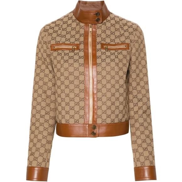 NWT Gucci GG Canvas Jacket Leather Trim Neutral Brown Tan Womens 40 / US 4 - Picture 1 of 16